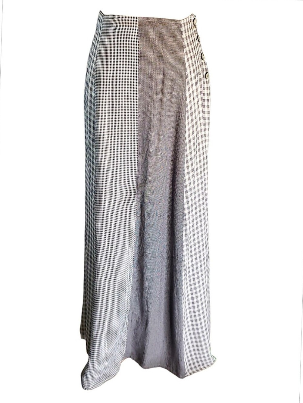 Vintage Mixed Print Checkered Panel Maxi Tulip Slip Side Button Skirt Boho Artsy